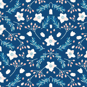 Hellebore Rosemary Hips Winter Floral large scale in blues and pinks large scale by Pippa Shaw