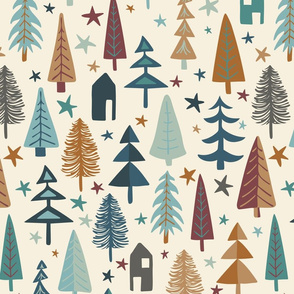 Fir Trees - Teal, Brown