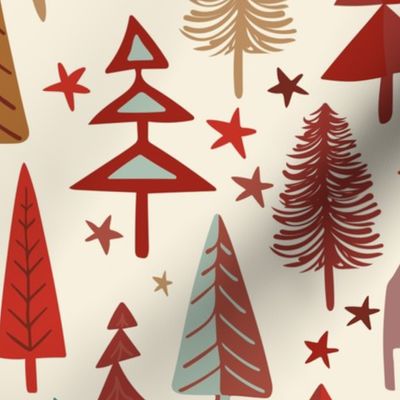 Fir Trees - Red, aqua, brown, nature, woodland, modern,