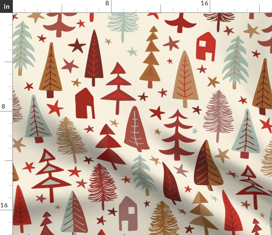 Fir Trees - Red, aqua, brown, nature, woodland, modern,