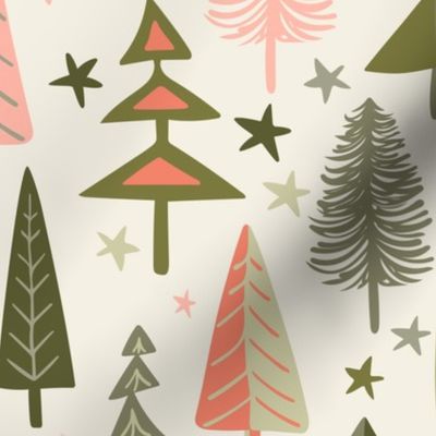 Fir Trees - Sage, Pink, Coral, Gray