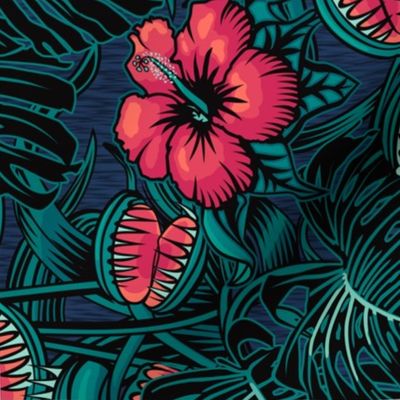 ★ 2021 : THE LAW OF THE JUNGLE ★ Tropical Tea Towel Calendar - Venus Fly Trap, Hibiscus and Monstera - Pink + Teal // Collection : It’s a Jungle Out There – Savage Hawaiian Prints *** Please read the "Comments" section before ordering fabric ;-)