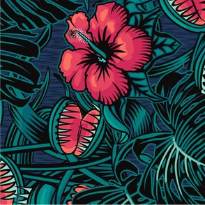 ★ 2021 : THE LAW OF THE JUNGLE ★ Tropical Tea Towel Calendar - Venus Fly Trap, Hibiscus and Monstera - Pink + Teal // Collection : It’s a Jungle Out There – Savage Hawaiian Prints *** Please read the "Comments" section before ordering fabric ;-)