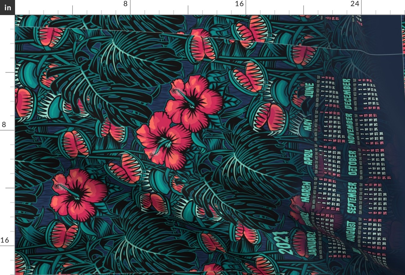 ★ 2021 : THE LAW OF THE JUNGLE ★ Tropical Tea Towel Calendar - Venus Fly Trap, Hibiscus and Monstera - Pink + Teal // Collection : It’s a Jungle Out There – Savage Hawaiian Prints *** Please read the "Comments" section before ordering fabric ;-)