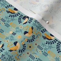 Scandinavian Floral Birds - Yellow Cyan