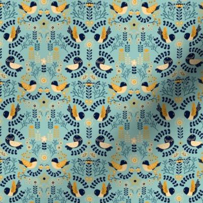 Scandinavian Floral Birds - Yellow Cyan