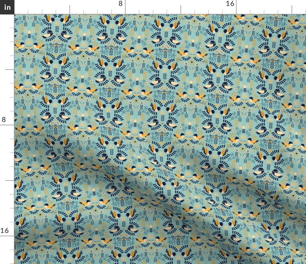 Scandinavian Floral Birds - Yellow Cyan