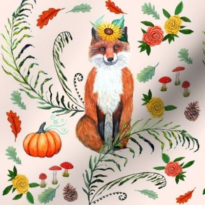 Thanksgiving Fox, pumpkins, sunflower, pine cones, red mushrooms