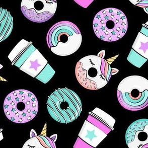 Coffee and Unicorn Donuts - Rainbow and unicorn donuts toss -  black - LAD19