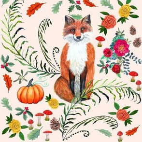 Winter Fox // Floral fox with pumpkins, holly, poinsettia
