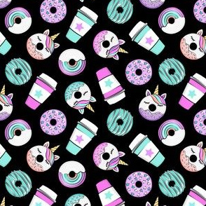 (small scale) Coffee and Unicorn Donuts - Rainbow and unicorn donuts toss -  black - LAD19