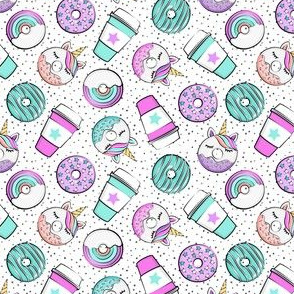 (small scale) Coffee and Unicorn Donuts - Rainbow and unicorn donuts toss -  polka dots - LAD19