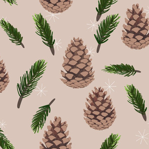 Winter Flora Coordinate - Pine cones and branches on tan background