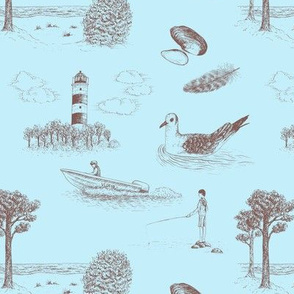 Seaside Town Toile (Light Blue and Brown)