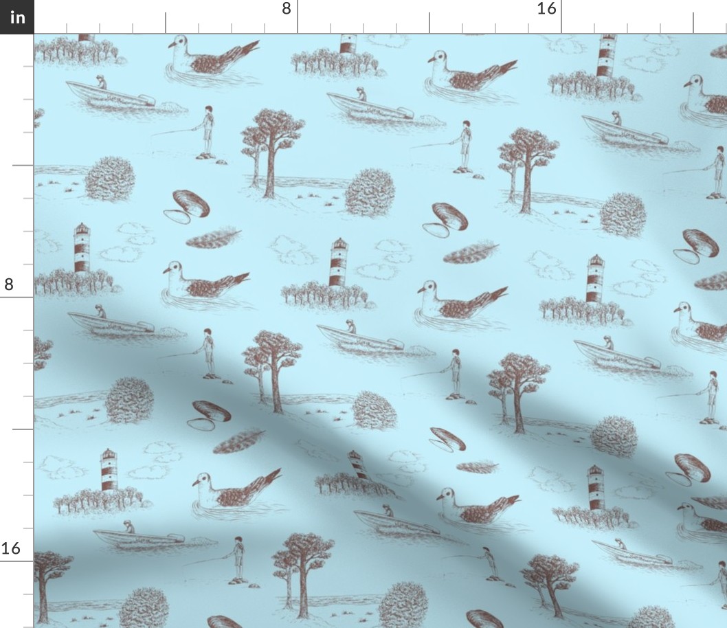 Seaside Town Toile (Light Blue and Brown)