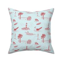 Seaside Town Toile (Light Blue and Red)