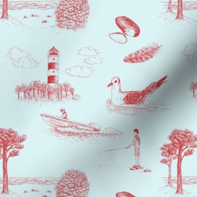 Seaside Town Toile (Light Blue and Red)