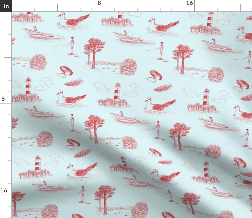 Seaside Town Toile (Light Blue and Red)