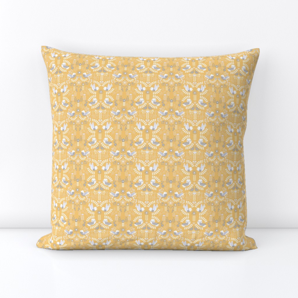 Scandinavian Floral Birds - Yellow Gray