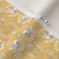 Scandinavian Floral Birds - Yellow Gray