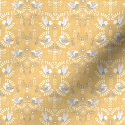 Scandinavian Floral Birds - Yellow Gray