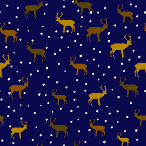 reindeer snow forest on a dark blue night sky 