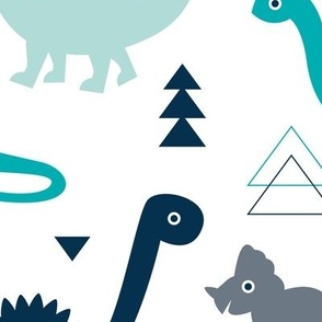 Adorable dino boys fabric with navy and blue dinosaur geometric triangles and funky animal illustration theme for kids LARGE Jumbo