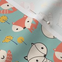 Cute Fox Teal background for kids and babies wallpaper and fabric 