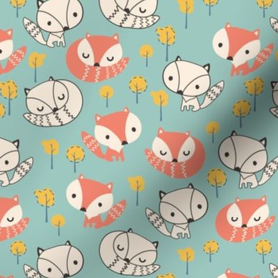 Cute Fox Teal background for kids and babies wallpaper and fabric 