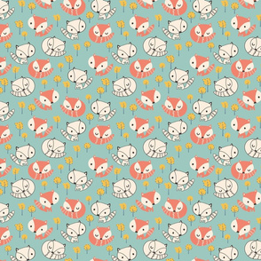 Cute Fox Teal background for kids and babies wallpaper and fabric 