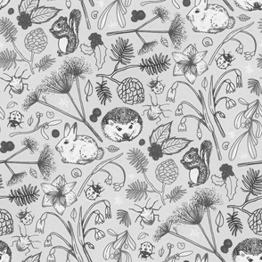 Winter Woodland Creatures in Black & White - large