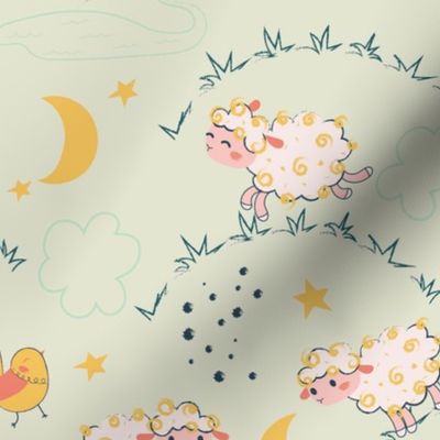 Playful Sheep and Birds Animals For Kids,  fabric for Baby,  fabric forBabies, Children, bright color