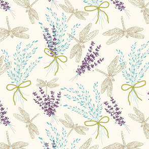 Doodle Floral Dragon Fly  and Lavender Soft Art Simple, Light, Clean, Small Flowers