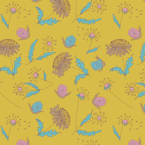 Doodle snail and flowers soft floral yellow colorful small flowers kids, children, young 