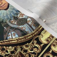2 victorian baroque renaissance portraits tudor young black woman lady girl teenager african descent POC people of color WOC afro hairstyle hair textured gold filigree ornate gilt Queen Elizabeth 1 inspired princess  medallion frames border white gown pea