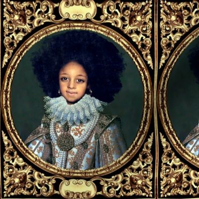 2 victorian baroque renaissance portraits tudor young black woman lady girl teenager african descent POC people of color WOC afro hairstyle hair textured gold filigree ornate gilt Queen Elizabeth 1 inspired princess  medallion frames border white gown pea