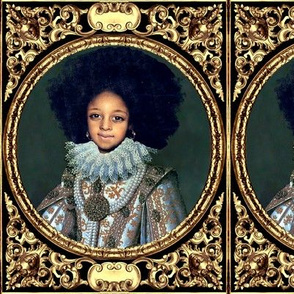 2 victorian baroque renaissance portraits tudor young black woman lady girl teenager african descent POC people of color WOC afro hairstyle hair textured gold filigree ornate gilt Queen Elizabeth 1 inspired princess  medallion frames border white gown pea