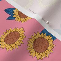 Sweet sunflower and leaves botanical autumn winter garden pink yellow blue trend