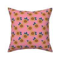 Sweet sunflower and leaves botanical autumn winter garden pink yellow blue trend