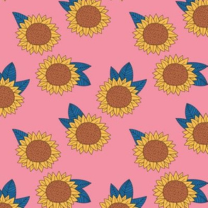 Sweet sunflower and leaves botanical autumn winter garden pink yellow blue trend