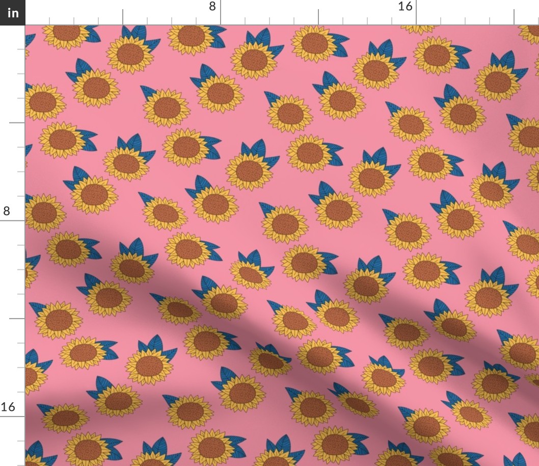 Sweet sunflower and leaves botanical autumn winter garden pink yellow blue trend