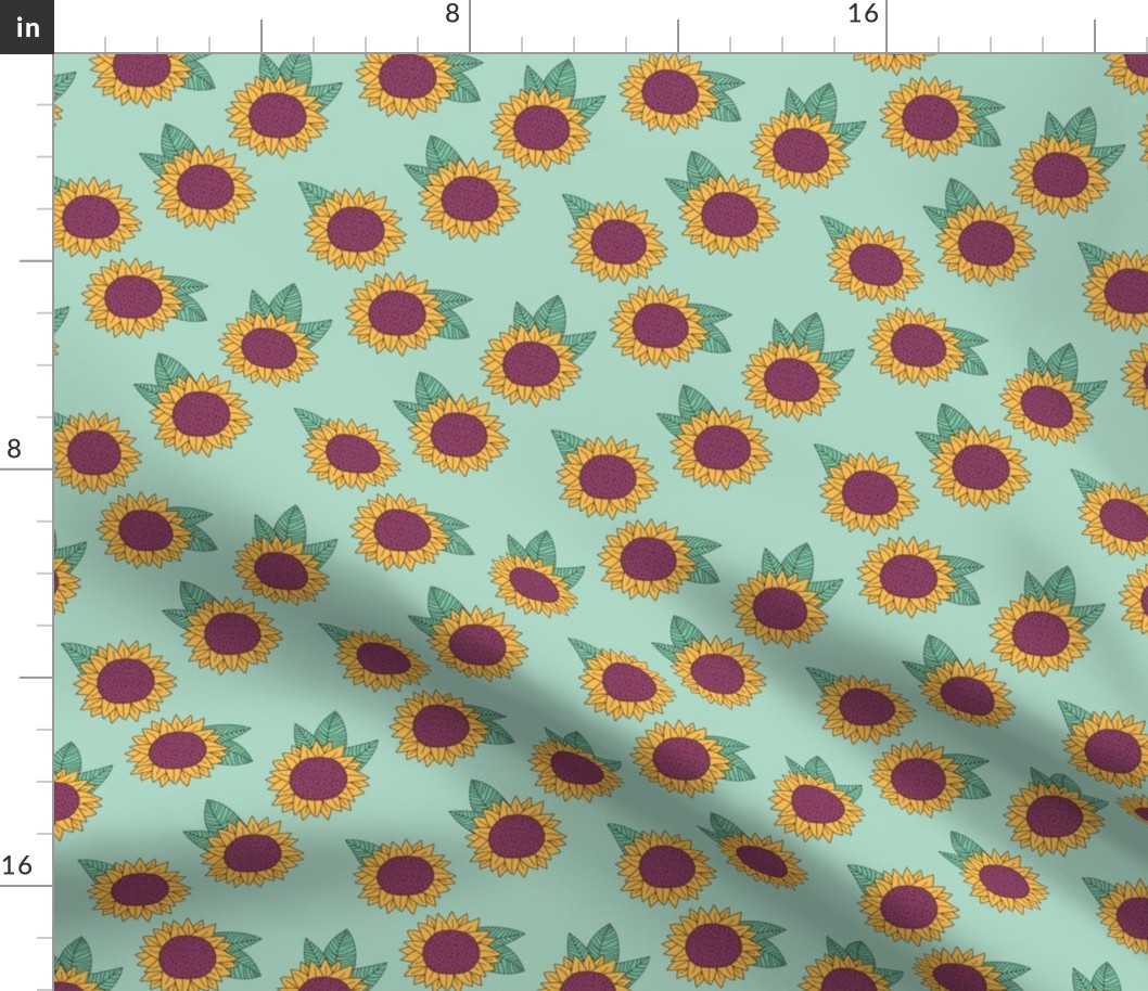 Sweet sunflower and leaves botanical autumn winter garden mint green yellow