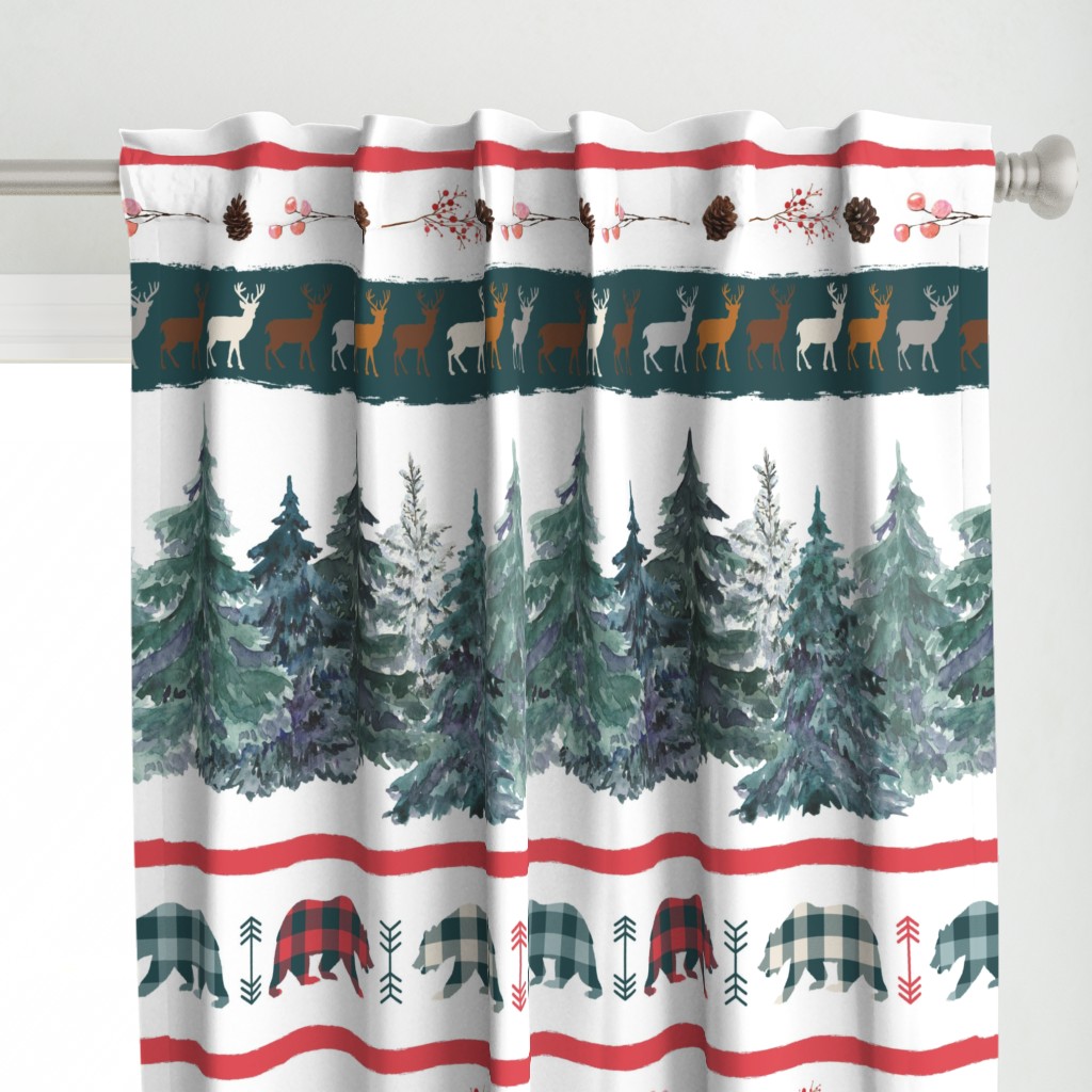 Large stripe Christmas blanket or cheater quilt with bears, deers, plaid, pine trees, pine cones