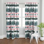 Large stripe Christmas blanket or cheater quilt with bears, deers, plaid, pine trees, pine cones