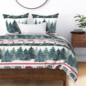 Large stripe Christmas blanket or cheater quilt with bears, deers, plaid, pine trees, pine cones