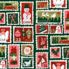 christmas postage stamps - vintage style christmas stamps - holiday stamps - snowman fabric, father christmas- dark green