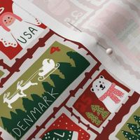christmas postage stamps - vintage style christmas stamps - holiday stamps - snowman fabric, father christmas- dark red
