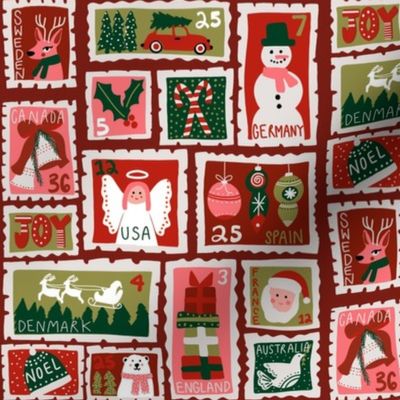christmas postage stamps - vintage style christmas stamps - holiday stamps - snowman fabric, father christmas- dark red