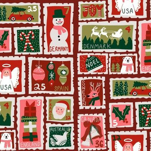 christmas postage stamps - vintage style christmas stamps - holiday stamps - snowman fabric, father christmas- dark red