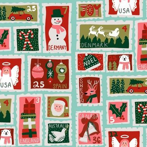 christmas postage stamps - vintage style christmas stamps - holiday stamps - snowman fabric, father christmas- light mint